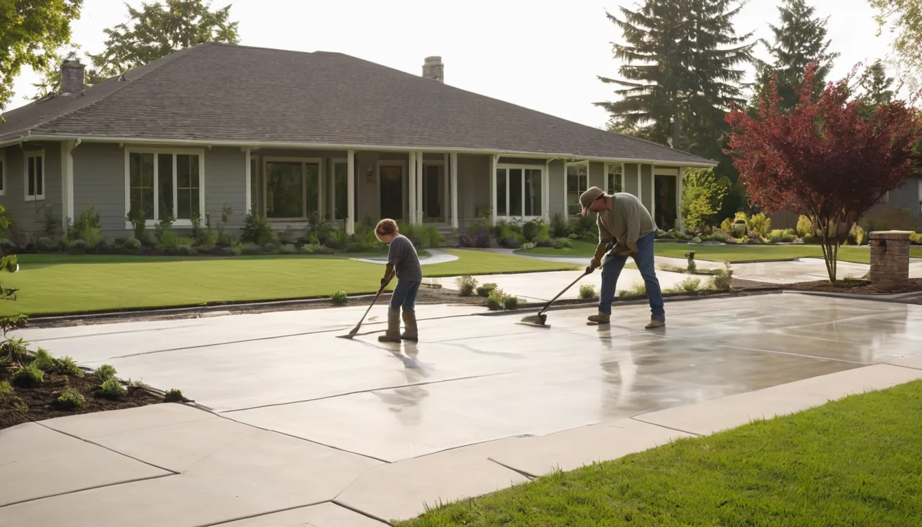 Fresh broom-finished concrete driveway beside a brick ranch home in Frisco