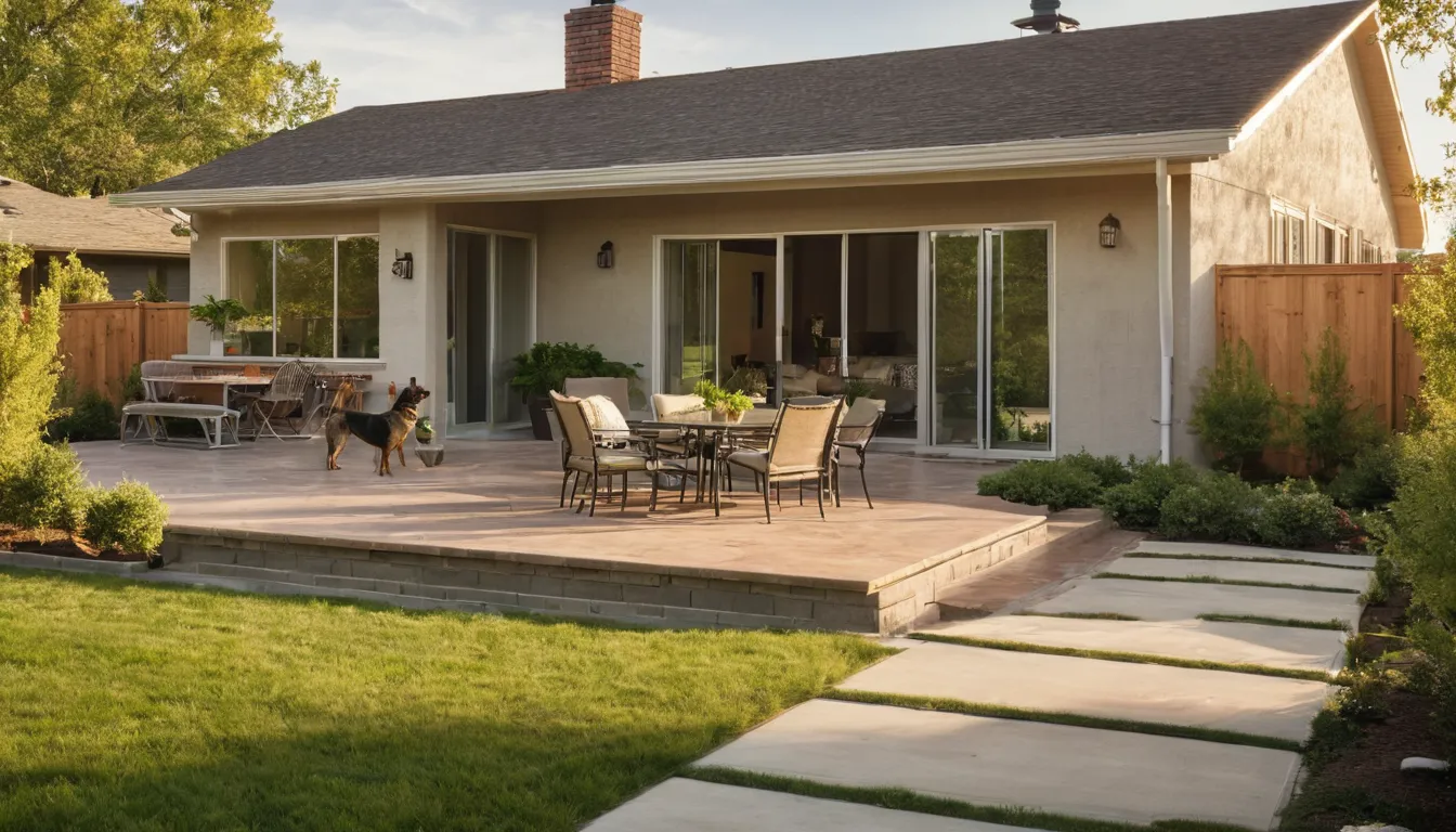 Family relaxing on a newly poured concrete patio behind a brick home in the Frisco area