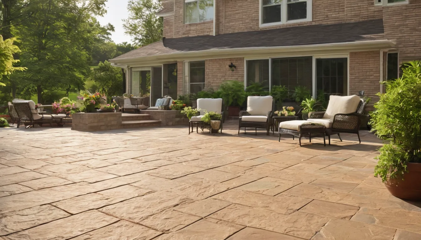 Stamped concrete patio with a slate pattern behind a brick ranch home in the Frisco area